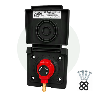 Bullfinch black external gas BBQ outlet point complete with quick release connector, fixing screws and washers for motorhome, campervan and caravan LPG systems