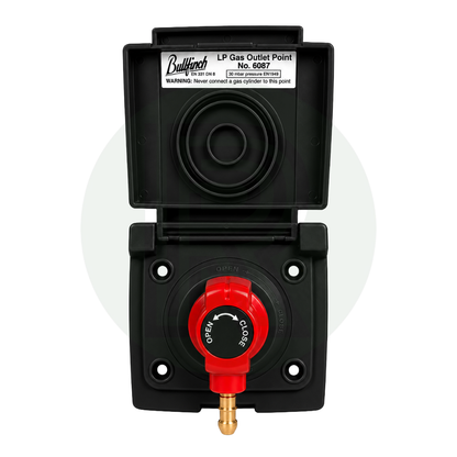 Front view of Bullfinch black external gas BBQ outlet point with quick release LPG hose connector fitted