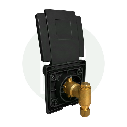 Rear view of Bullfinch black external gas BBQ outlet point showing brass LPG connection and mounting assembly