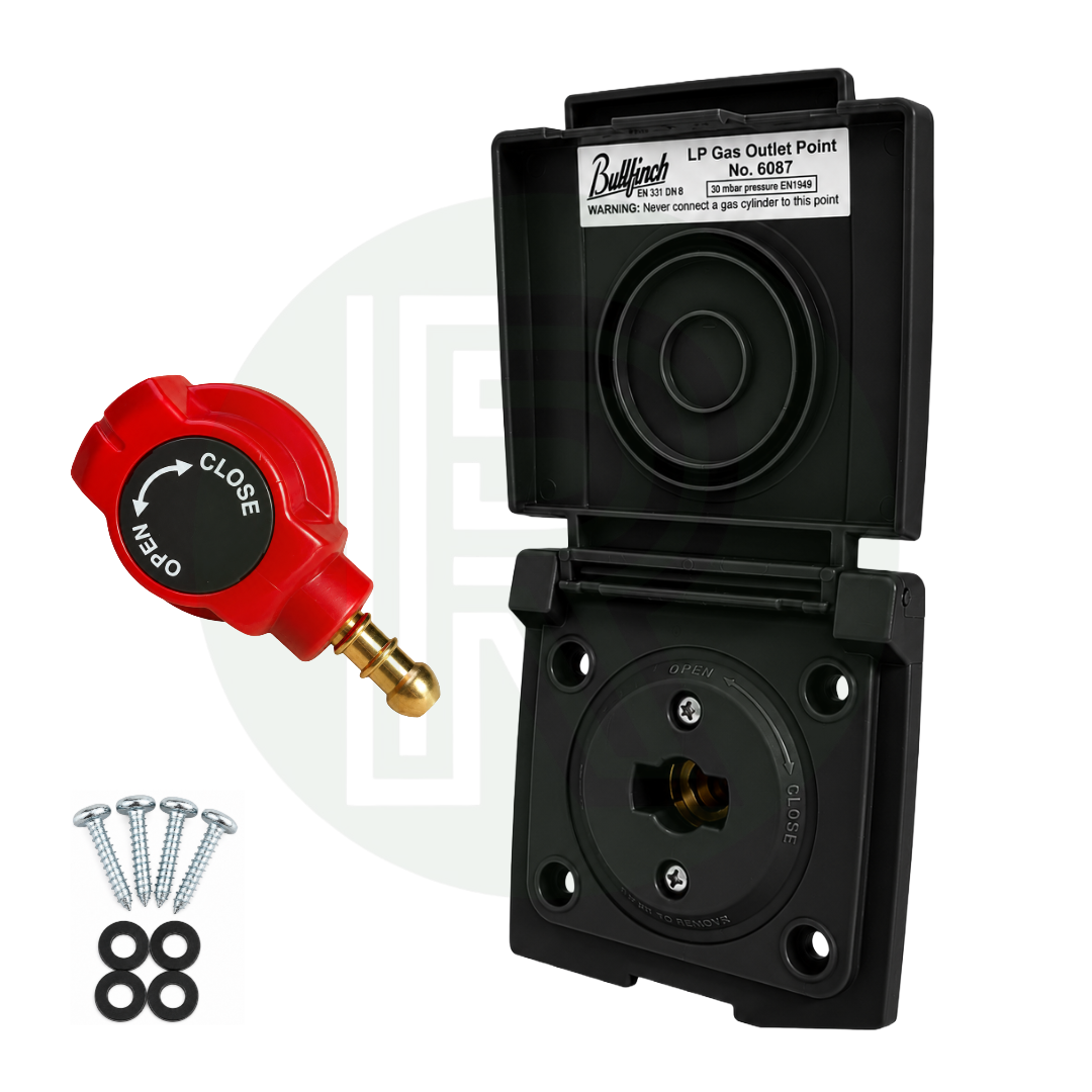 Bullfinch black external gas BBQ outlet point with removable quick release gas connector, fixing screws and sealing washers