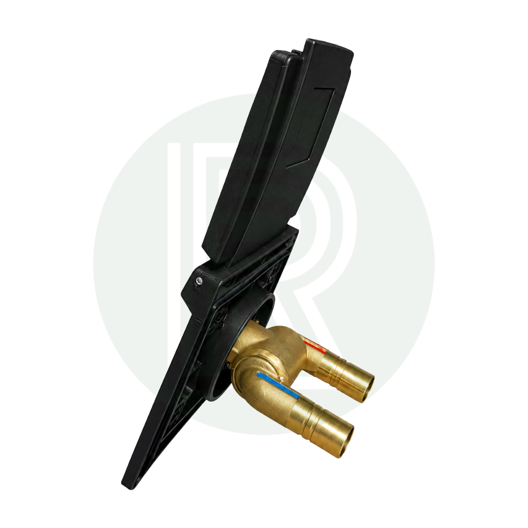 Side view of Bullfinch black external shower point with cover open