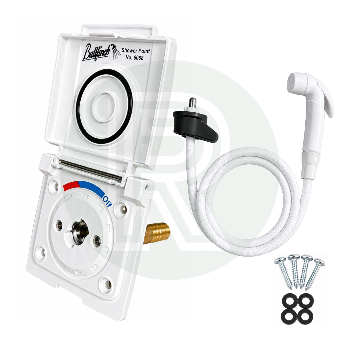 Bullfinch external shower point complete kit in white with shower hose, handset and fixings, front open view