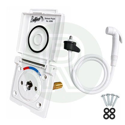 Bullfinch external shower point complete kit in white with shower hose, handset and fixings, front open view