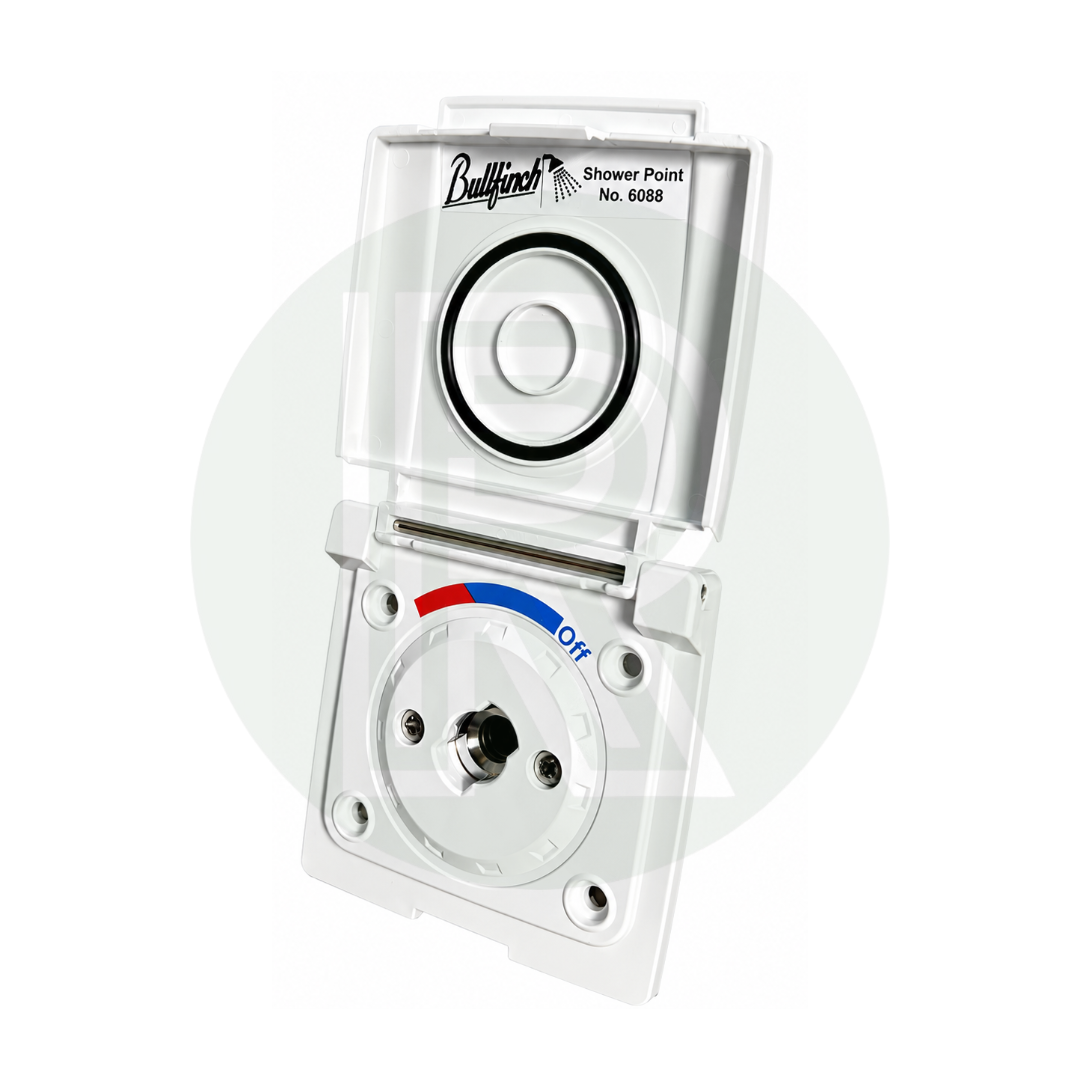 Bullfinch white external shower point front open view with shower hose connection