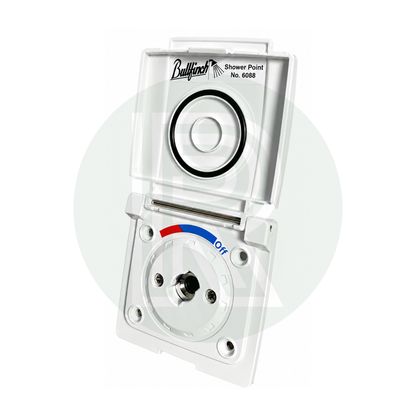Bullfinch white external shower point front open view with shower hose connection
