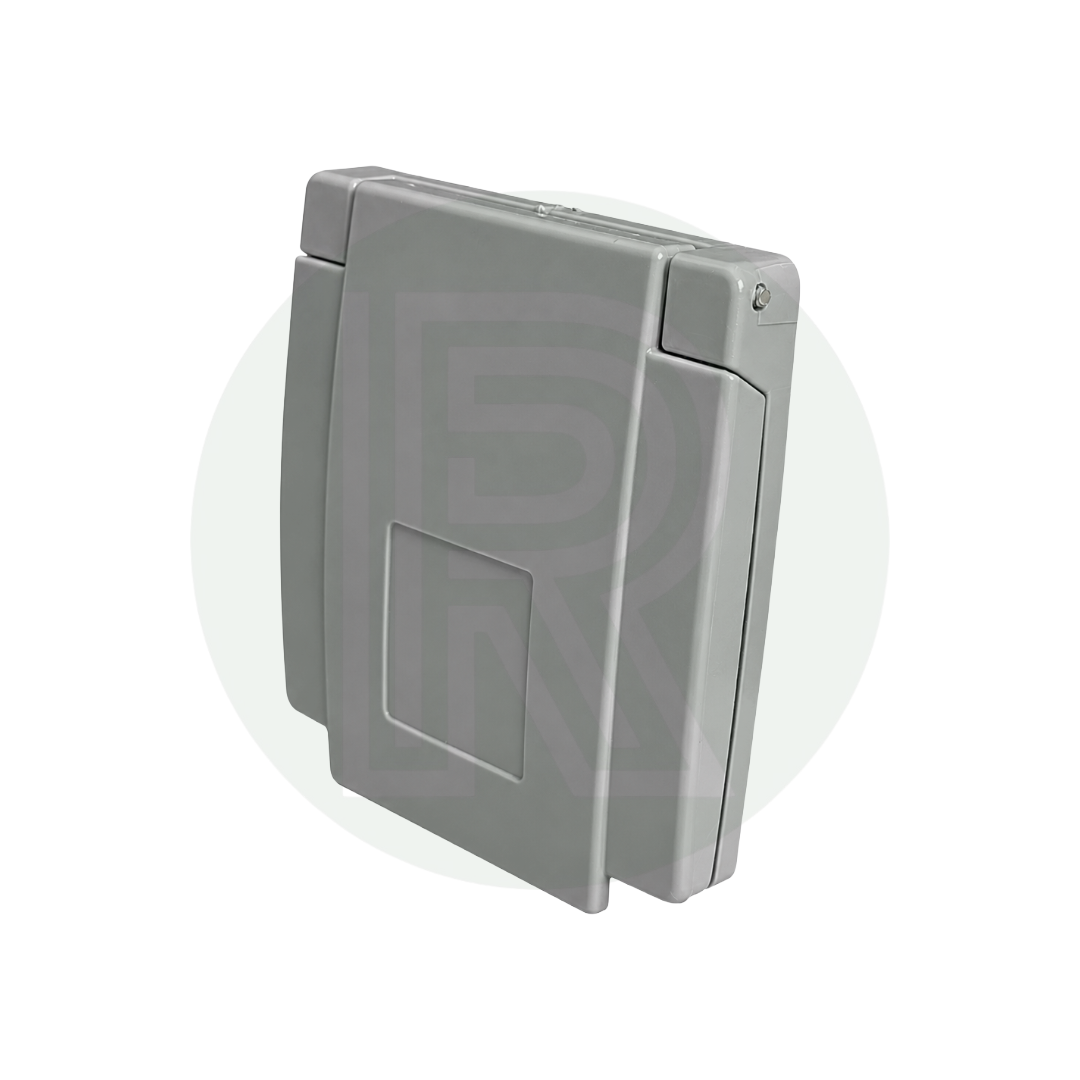 Bullfinch grey external gas BBQ outlet point with weatherproof cover closed for caravan, campervan and motorhome LPG installations