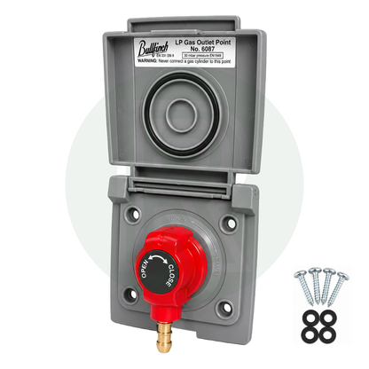 Bullfinch grey external gas BBQ outlet point complete with quick release connector, fixing screws and washers for motorhome, campervan and caravan LPG systems