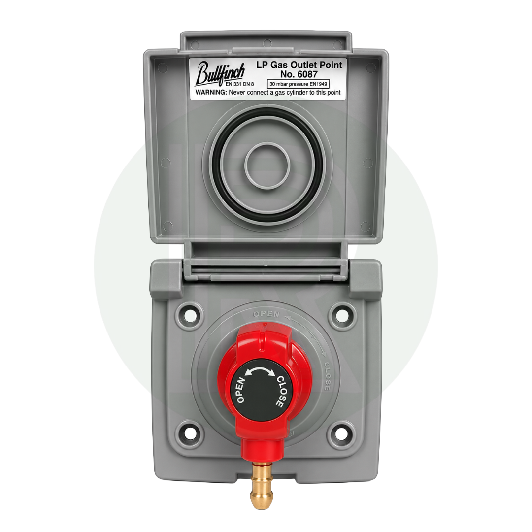 Front view of Bullfinch grey external gas BBQ outlet point with quick release LPG hose connector fitted
