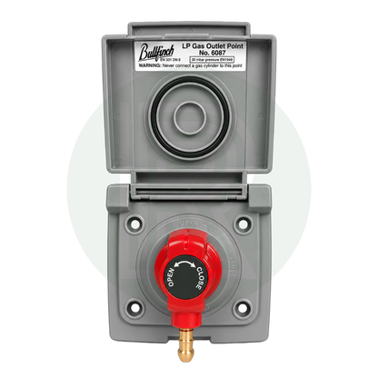 Front view of Bullfinch grey external gas BBQ outlet point with quick release LPG hose connector fitted