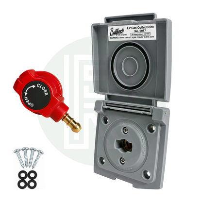 Bullfinch grey external gas BBQ outlet point with removable quick release gas connector, fixing screws and sealing washers