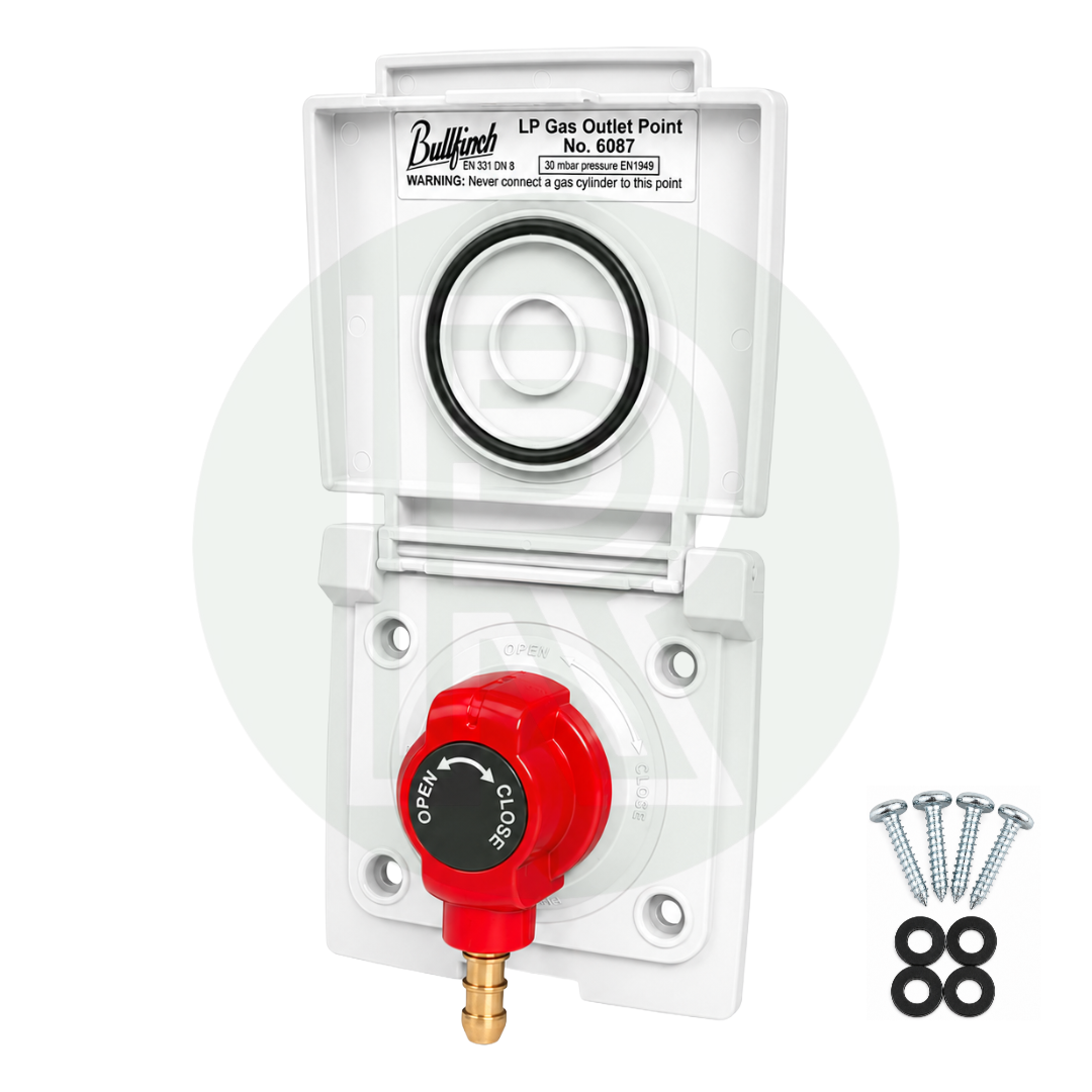 Bullfinch white external gas BBQ outlet point complete with quick release connector, fixing screws and washers for motorhome, campervan and caravan LPG systems