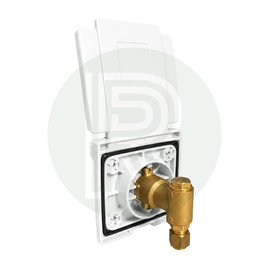 Rear view of Bullfinch white external gas BBQ outlet point showing brass LPG connection and mounting assembly