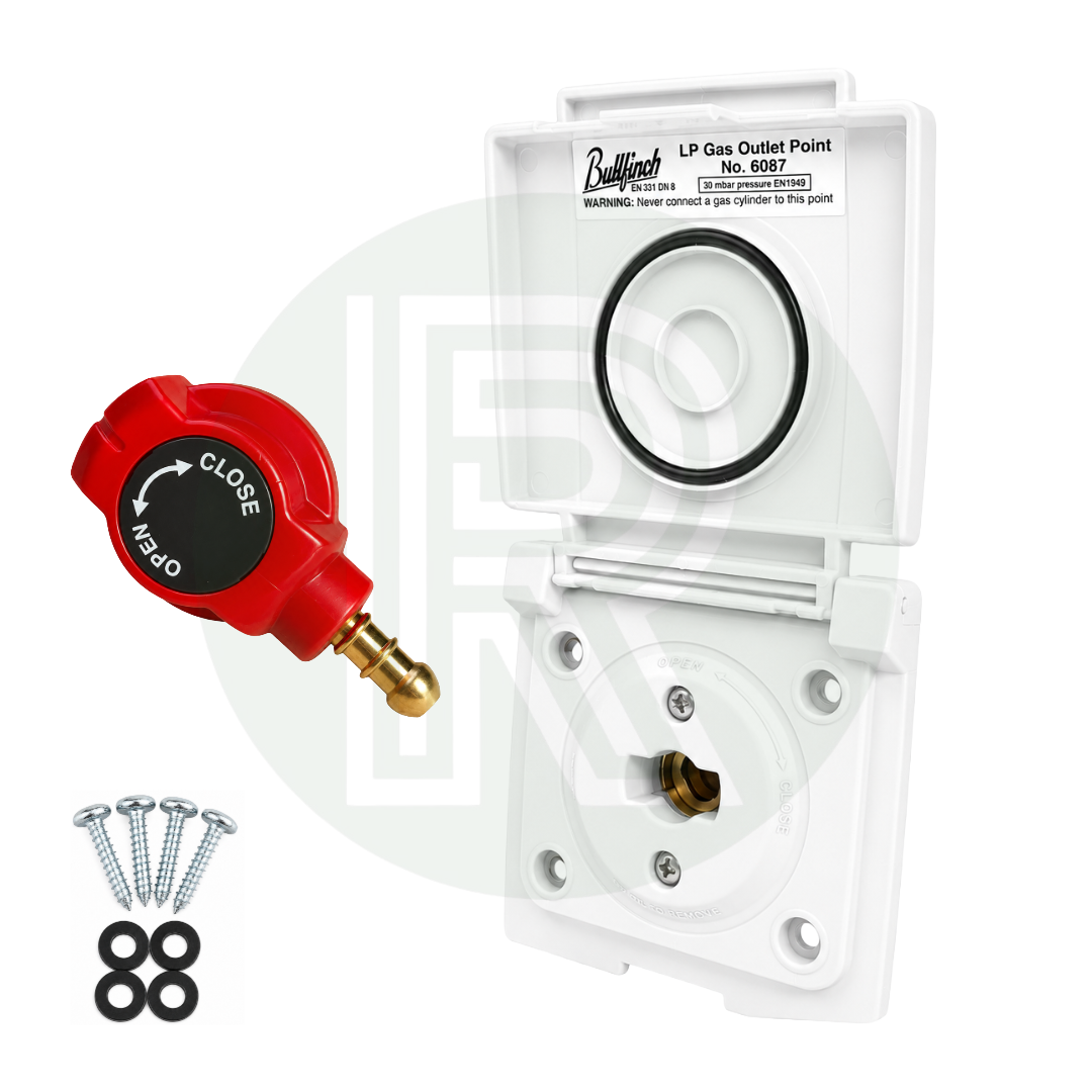 Bullfinch white external gas BBQ outlet point with removable quick release gas connector, fixing screws and sealing washers