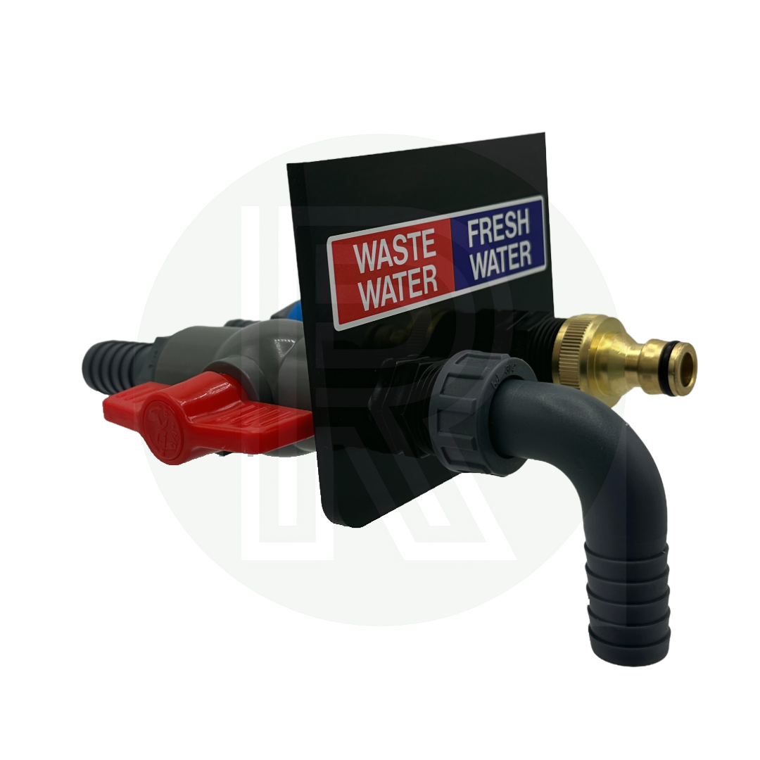 Caravan sill mounted fresh water inlet and waste water drain valve for flexible hose