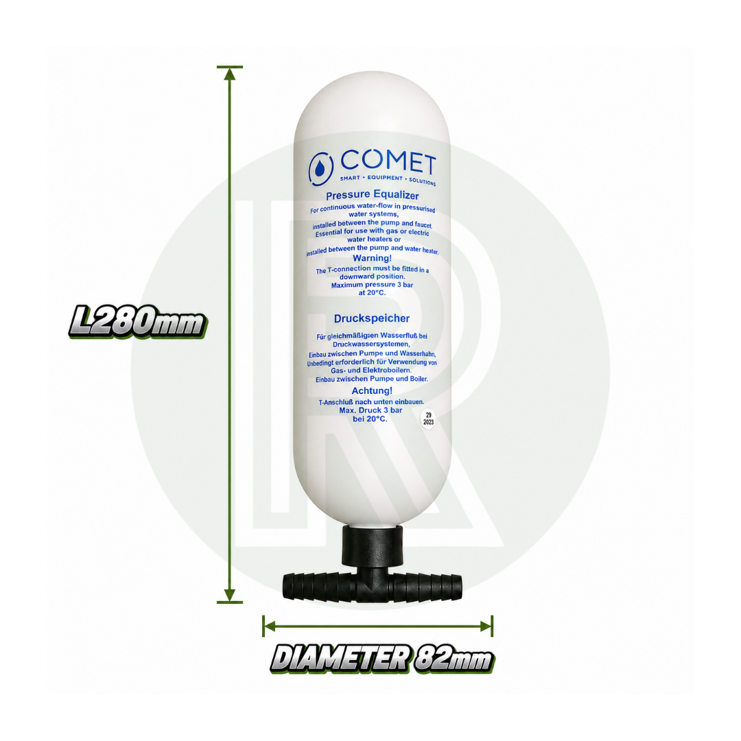 Comet Pressure Equalizer Expansion Tank Accumulator dimensions showing 280mm length and 82mm diameter