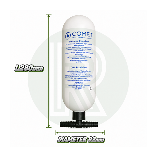 Comet Pressure Equalizer Expansion Tank Accumulator dimensions showing 280mm length and 82mm diameter