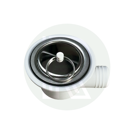 Dometic SMEV white sink waste with removable strainer and plug featuring an angled 20mm waste outlet for caravan motorhome campervan and boat