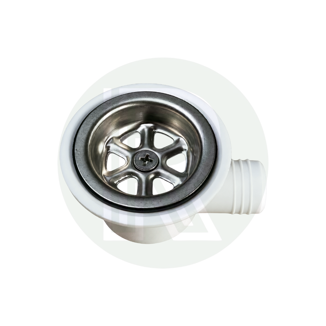 Top view of Dometic SMEV white angled sink waste with removable strainer basket