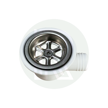 Top view of Dometic SMEV white angled sink waste with removable strainer basket