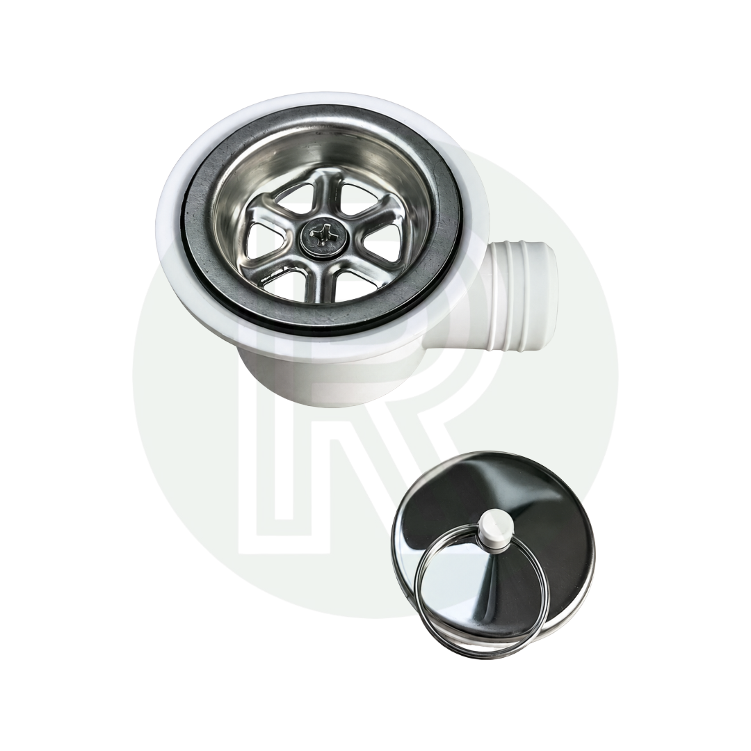 Dometic SMEV white angled sink waste with removable strainer basket removed showing drain opening