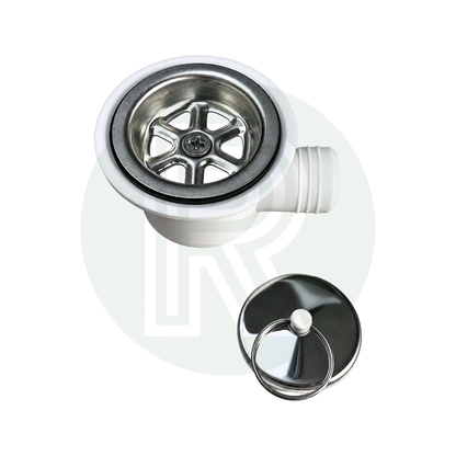 Dometic SMEV white angled sink waste with removable strainer basket removed showing drain opening
