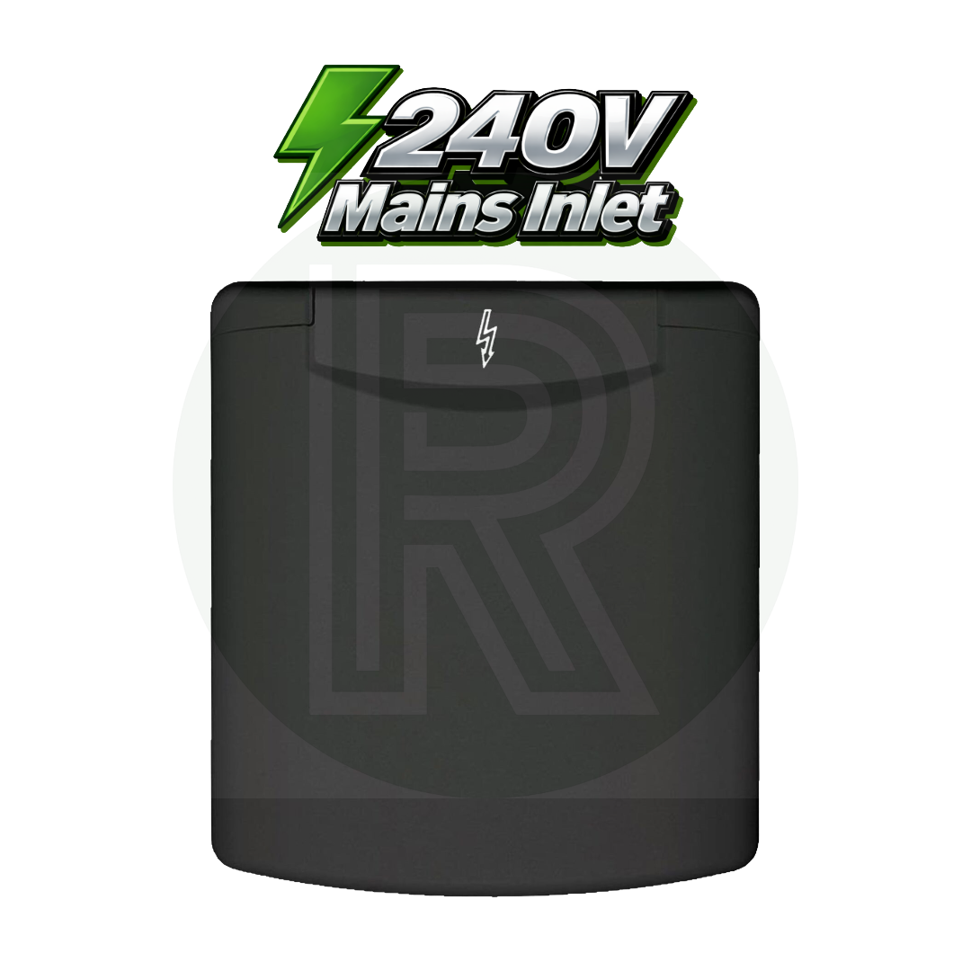 FAWO black 240V 16A mains inlet with magnetic locking flap for caravan motorhome and campervan electric hook up