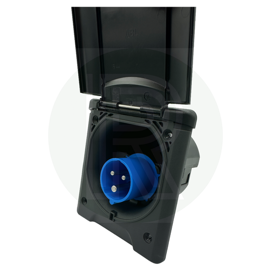 FAWO black 240V mains inlet with magnetic flap open showing 16A electric hook up socket
