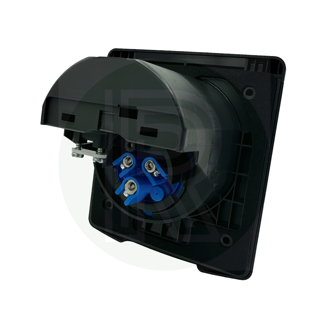 Rear view of FAWO black 240V 16A mains inlet for caravan motorhome and campervan installation