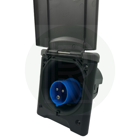 FAWO grey 240V mains inlet with magnetic flap open showing 16A electric hook up socket