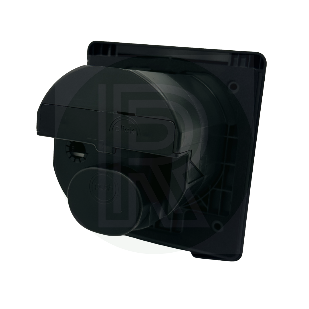 Angled rear view of FAWO white 240V 16A caravan mains inlet with magnetic lock