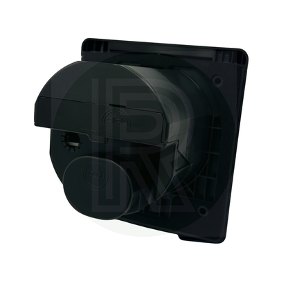 Angled rear view of FAWO white 240V 16A caravan mains inlet with magnetic lock