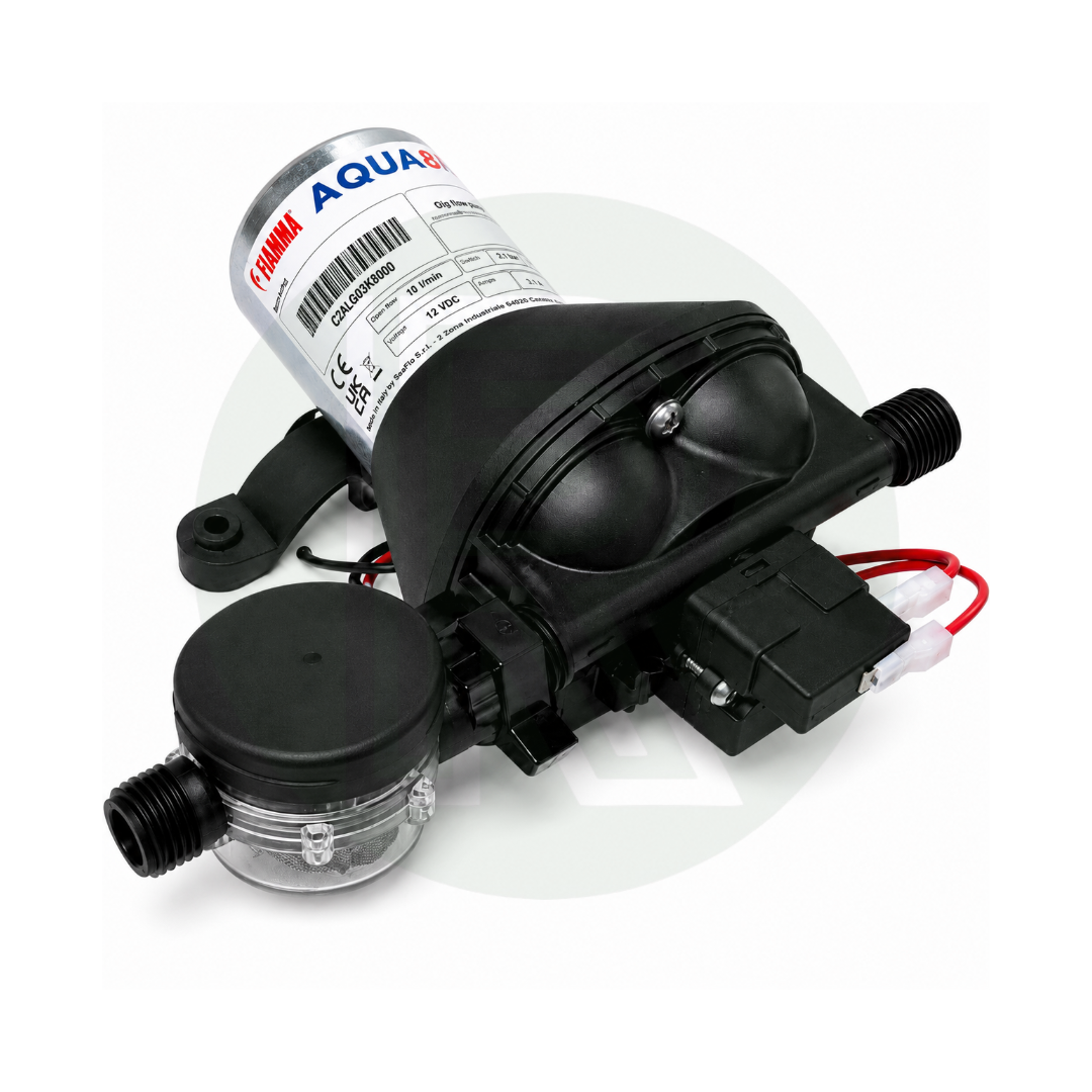 Fiamma Aqua 8F 12V 10 litre water pump supplied with integrated inlet filter for caravan and motorhome