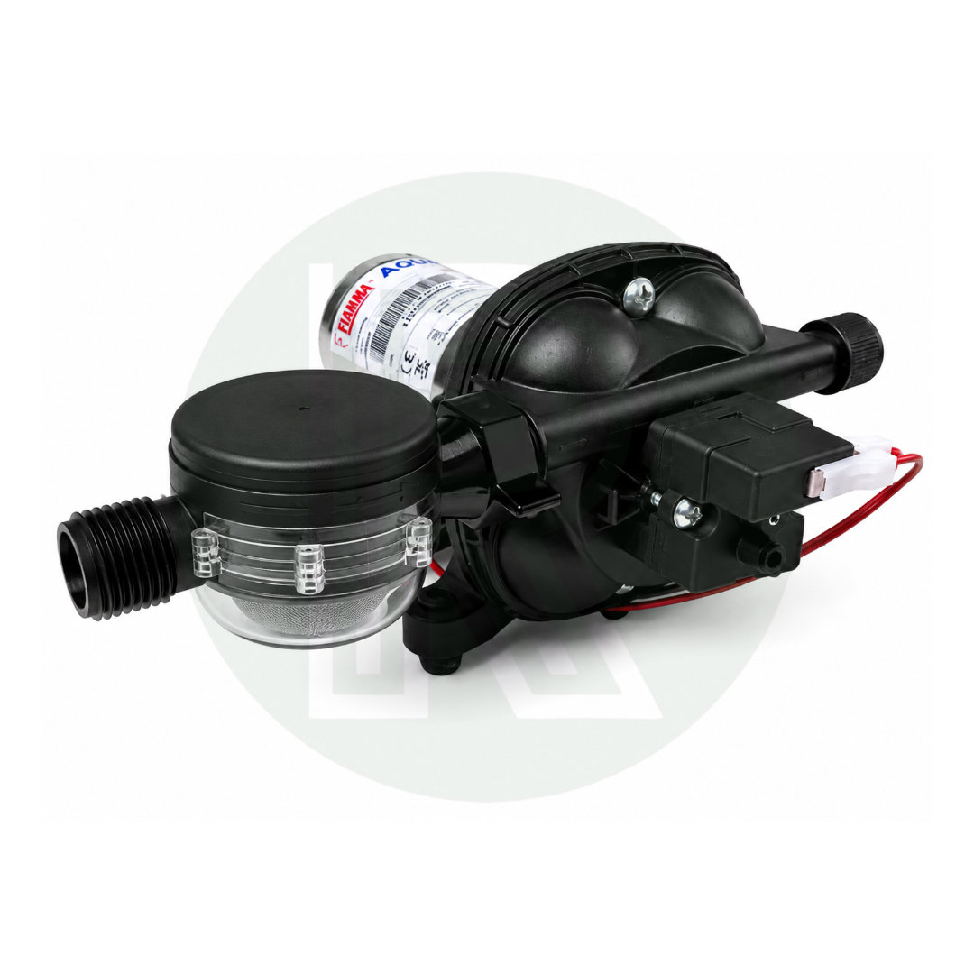 Fiamma Aqua 8F 12V 7Ltr water pump showing removable inline strainer