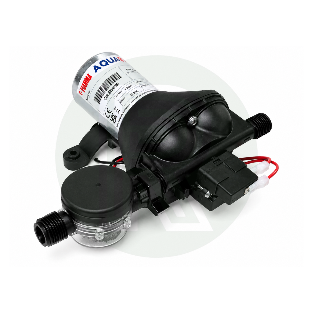 Angled view of Fiamma Aqua 8F 12V 7Ltr water pump with removable inline strainer