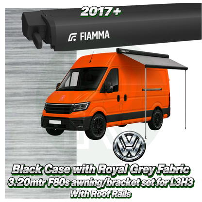 Fiamma F80s 3.20m Deep Black awning pack with adapter fitted to VW Crafter van L3H3 2017+ with factory roof rails