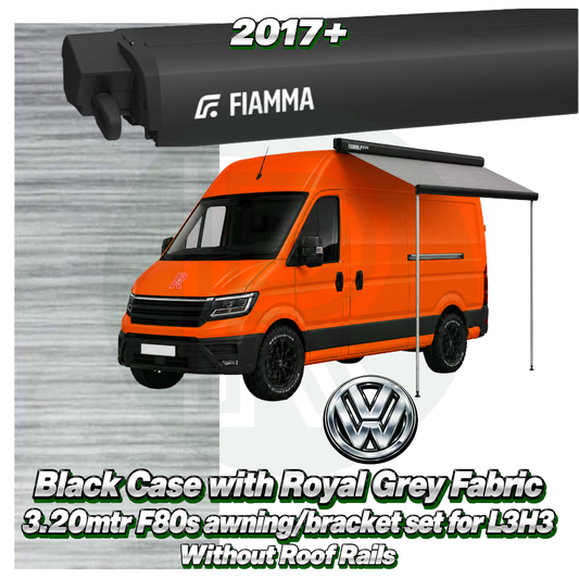 Fiamma F80s 3.20m Deep Black awning pack with adapter fitted to VW Crafter van L3H3 2017+ without roof rails