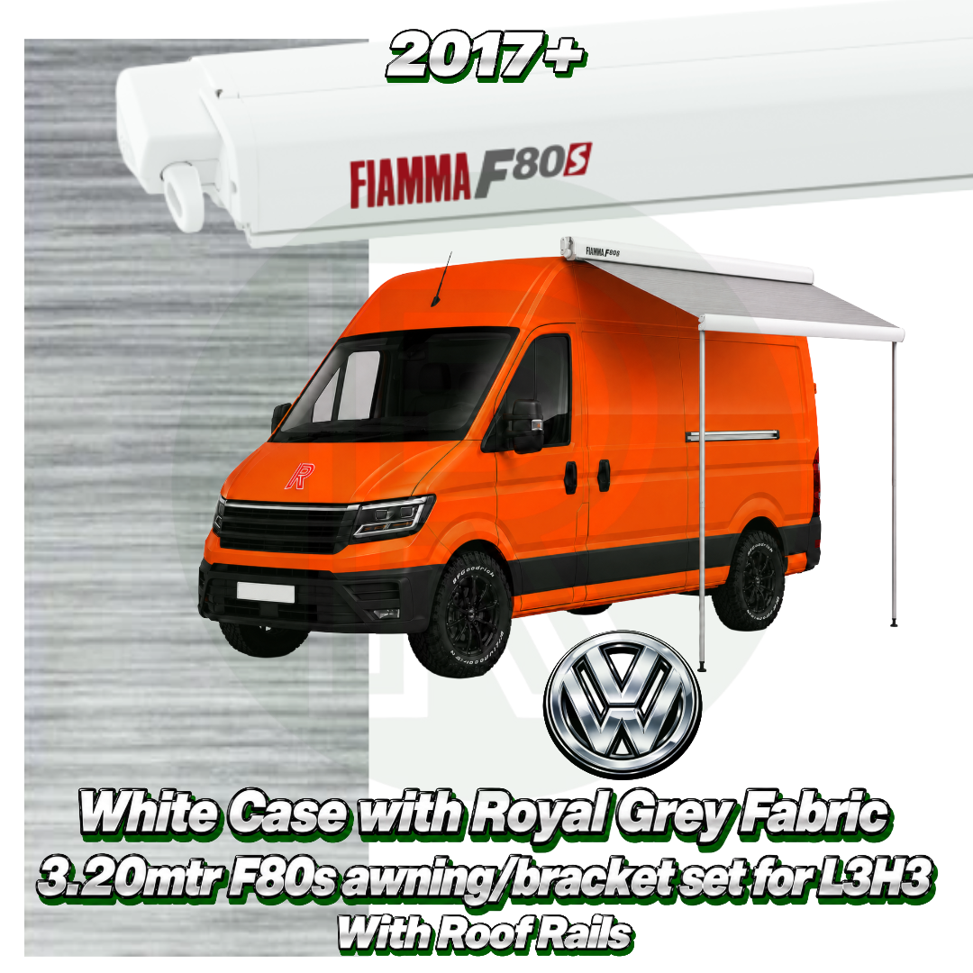 Fiamma F80s 3.20m White awning pack with adapter fitted to VW Crafter van L3H3 2017+ with factory roof rails