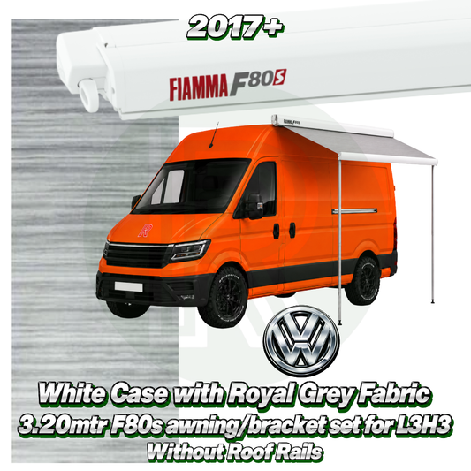 Fiamma F80s 3.20m White awning pack with adapter fitted to VW Crafter van L3H3 2017+ without roof rails