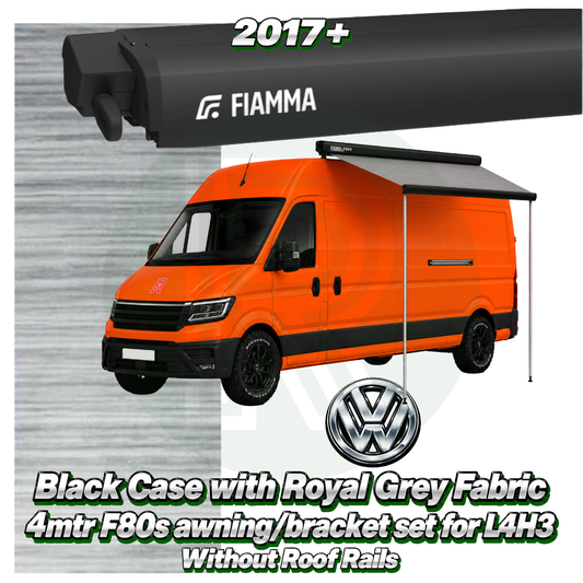 Fiamma F80s 4.00m Deep Black awning pack with adapter fitted to VW Crafter van L4H3 2017+ without roof rails
