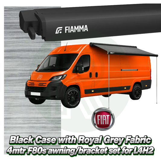 Fiamma F80s 4.00m black awning pack with adapter brackets for Fiat Ducato L4H2 2006 onwards featuring Royal Grey canopy