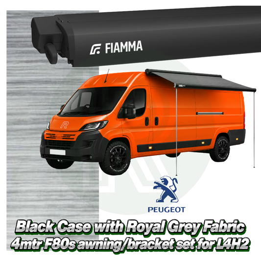 Fiamma F80s 4.00m black awning pack with adapter brackets for Peugeot Boxer L4H2 2006 onwards featuring Royal Grey canopy