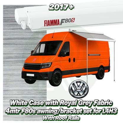 Fiamma F80s 4.00m White awning pack with adapter fitted to VW Crafter van L4H3 2017+ with factory roof rails