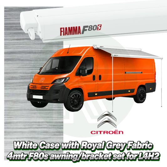 Fiamma F80s 4.00m white awning pack with adapter brackets for Citroën Relay L4H2 2006 onwards featuring Royal Grey canopy