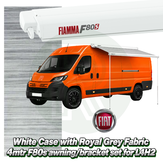 Fiamma F80s 4.00m white awning pack with adapter brackets for Fiat Ducato L4H2 2006 onwards featuring Royal Grey canopy