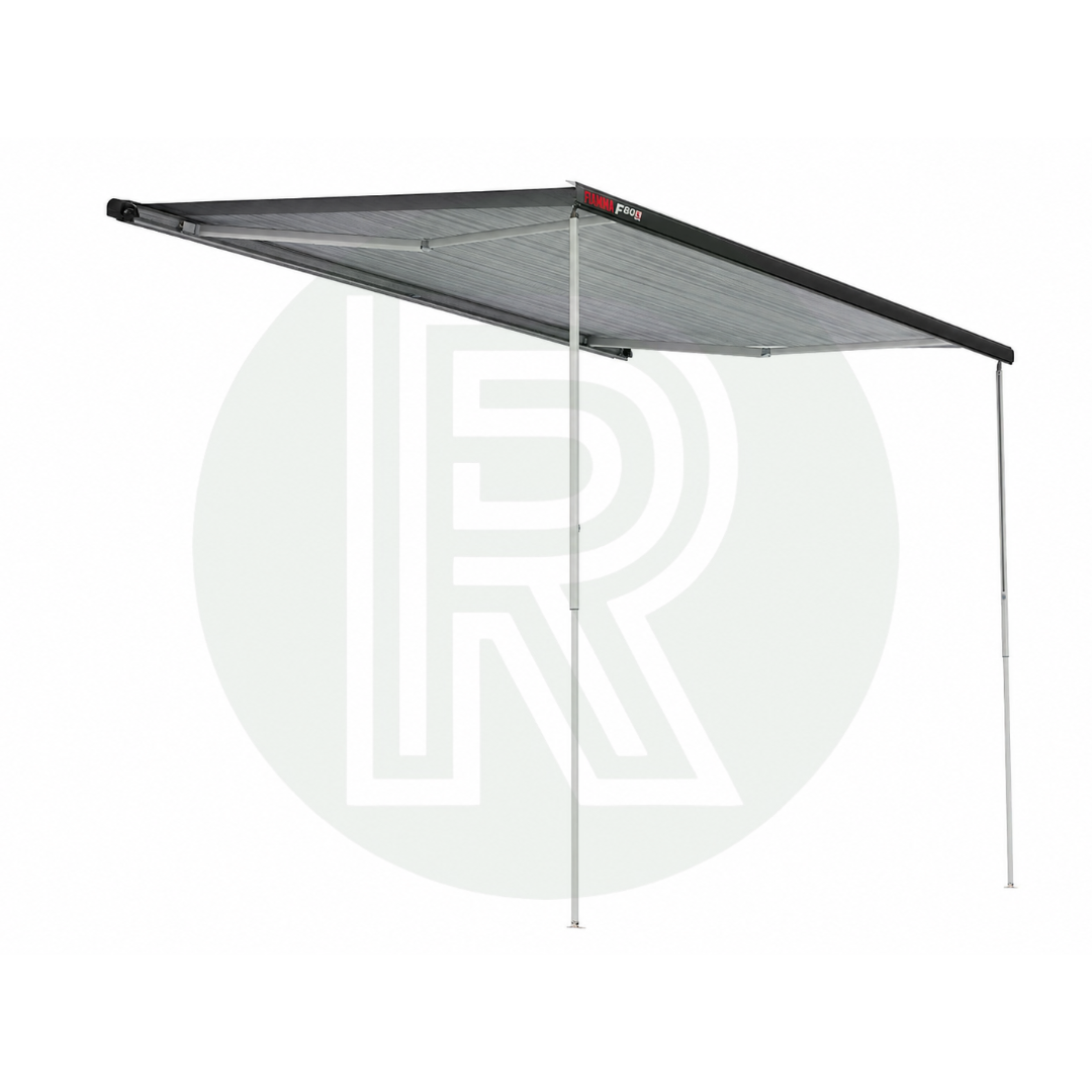 Side profile of Deep Black Fiamma F80s awning installed on VW Crafter van 