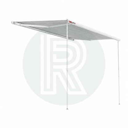 Side profile of White Fiamma F80s awning installed on VW Crafter van