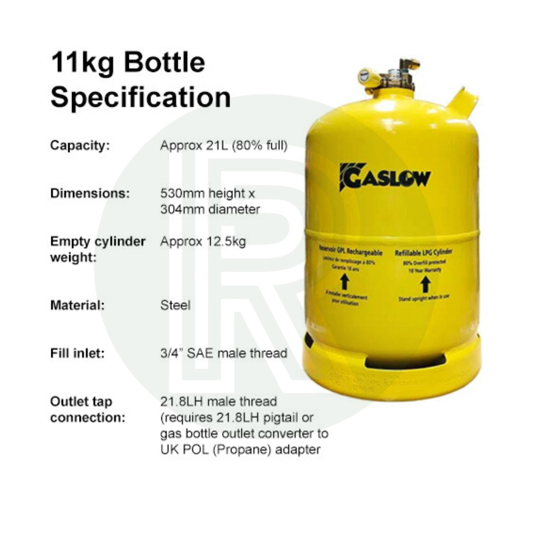 Gaslow 11kg refillable LPG cylinder specifications showing dimensions, capacity, weight and connection details