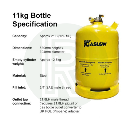 Gaslow 11kg refillable LPG cylinder specifications showing dimensions, capacity, weight and connection details
