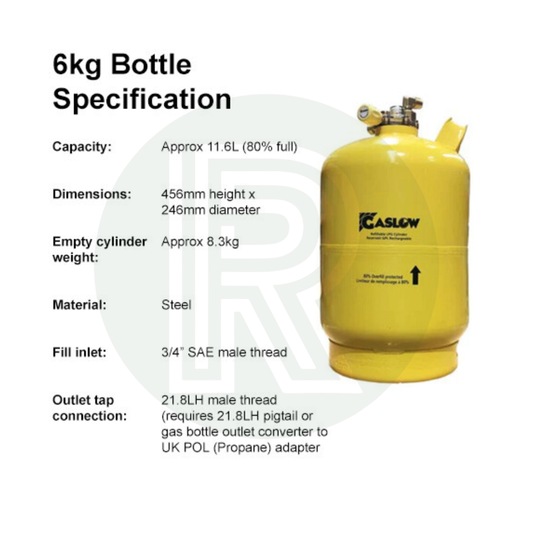 Gaslow 6kg refillable LPG cylinder specifications showing dimensions, capacity, weight and connection details