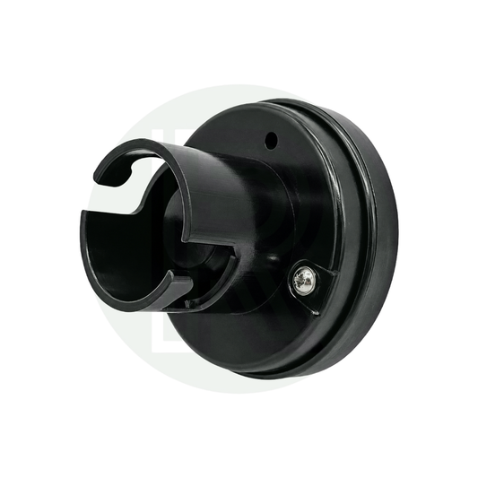 Angled view of a black 70mm Gaslow replacement gas filler point cap for external LPG filling points on caravans, motorhomes and campervans.